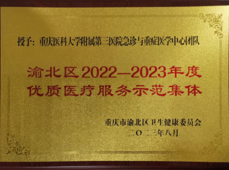 2023年8月，重医大附三院急诊与重症医学中心荣获渝北区2022-2023年度优质医疗服务示范集体